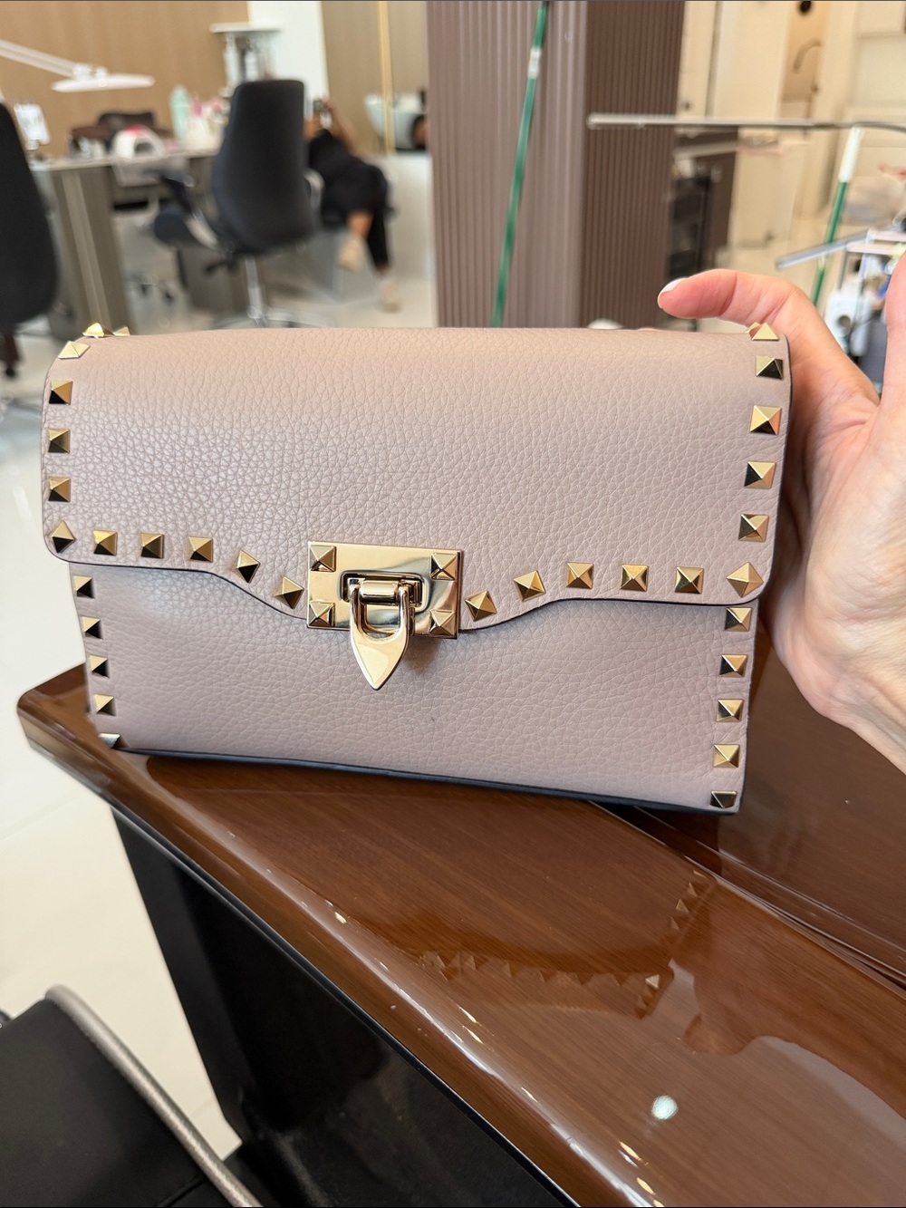 Valentino Stud-Trim Leather Crossbody in Taupe Pink